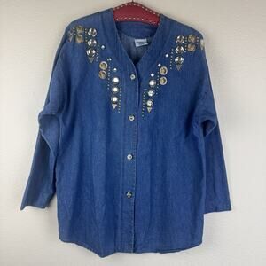 Vintage iLSLi Super Line Jeweled Embellished Button Down Top Blue Jean Denim OS